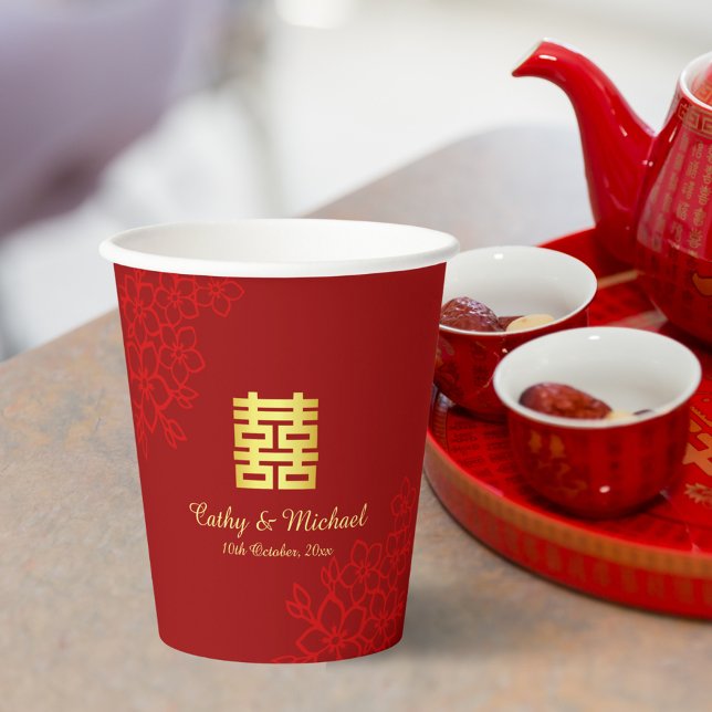 Doppeltes Glück floraler Hintergrund Chinesische H Pappbecher (Von Creator hochgeladen)