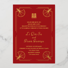 Doppeltes Glück Red Chinese Hochzeit Real Gold Folieneinladung