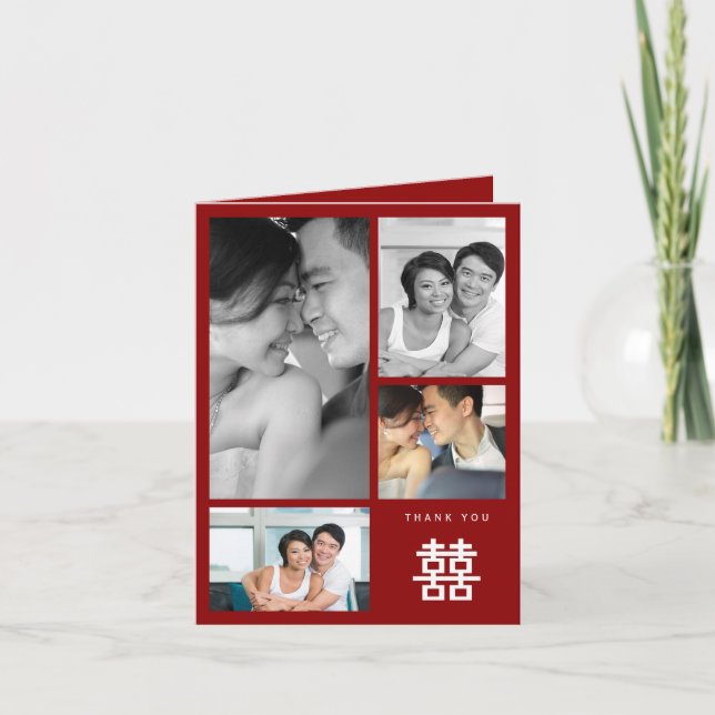 Doppeltes Glück Rot Chinesisch Hochzeit Foto Colla Dankeskarte (Vorderseite)