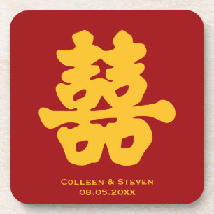 Doppeltes Glück Rot-Gelb-Chinesische Hochzeit Getränkeuntersetzer