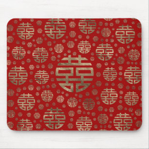 Doppeltes Glück-Symbolmuster - Gold auf Rot Mousepad