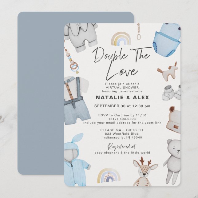 Doppeltrouble Clothes Zwillingsboy Virtual Dusche  Einladung (Vorne/Hinten)