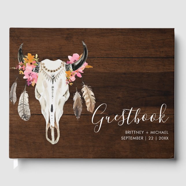 D'or Antler Dark Wood Rustic Mariage livre d'hôtes (Recto)