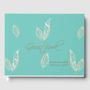 D'or Aqua et Plumes Blanches Livre d'invité Mariage