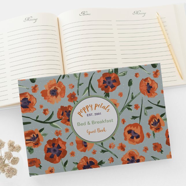 D'or Belles Poppies Floral Pattern Livre d'invité (Exquisite Hand-Painted Orange Oriental Poppies Guest Book from Studio Posies.
)
