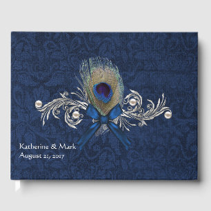 D'or Blue Damask et Peacock Feather Mariage livre d'hôt