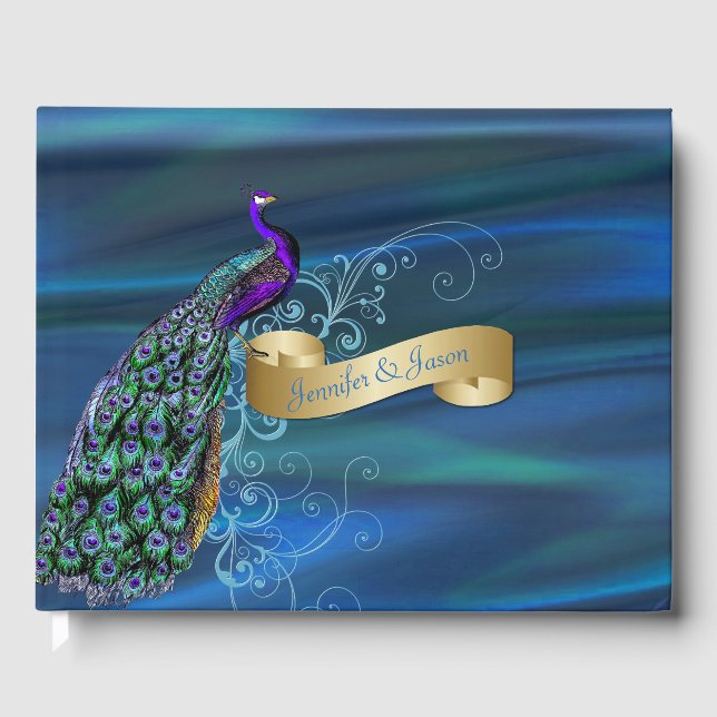 D'or Blue Satin et Peacock Mariage livre d'hôtes (Recto)