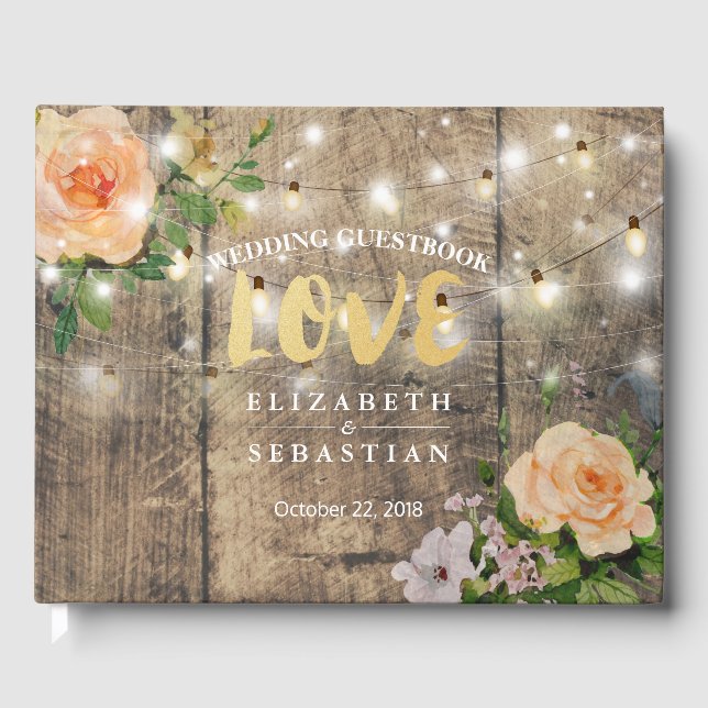 D'or Bois rustique Floral Chaîne Lumières Mariage Livre (Recto)