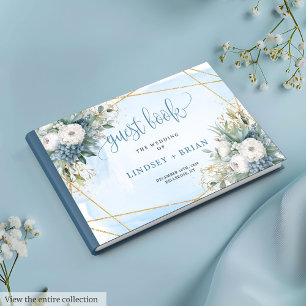 D'or Chic Dusty Bleu Blanc Or Floral Livre d'Invité