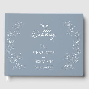 D'or Dusty Blue Minimal Leaf Mariage livre d'hôtes