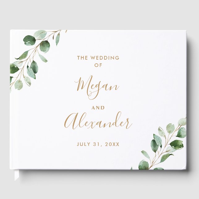D'or Elégant Aquarelle Verdure Mariage Livre d'hôtes (Recto)
