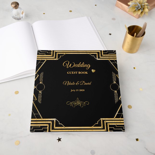 D'or Elégant Art Déco Gatsby Mariage Livre d'hôtes (Recto ouvert)