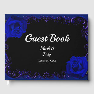 D'or Elégant Goth Blue Rose Mariage livre d'hôtes