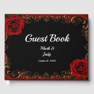 D'or Élégant Goth Red Roses Mariage Livre d'invité