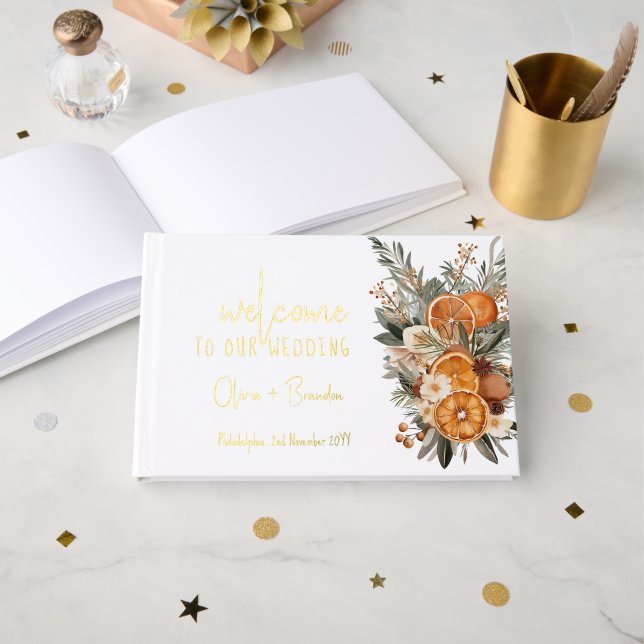 D'or Élégant livre d'hôtes Mariage d'Oranges sèches (Recto ouvert)