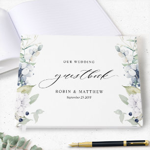 D'or Elégant livre d'hôtes Mariage Floral Blanc et Bleu