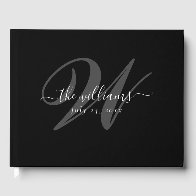 D'or Élégant Monogramme noir Mariage livre d'hôtes (Recto)