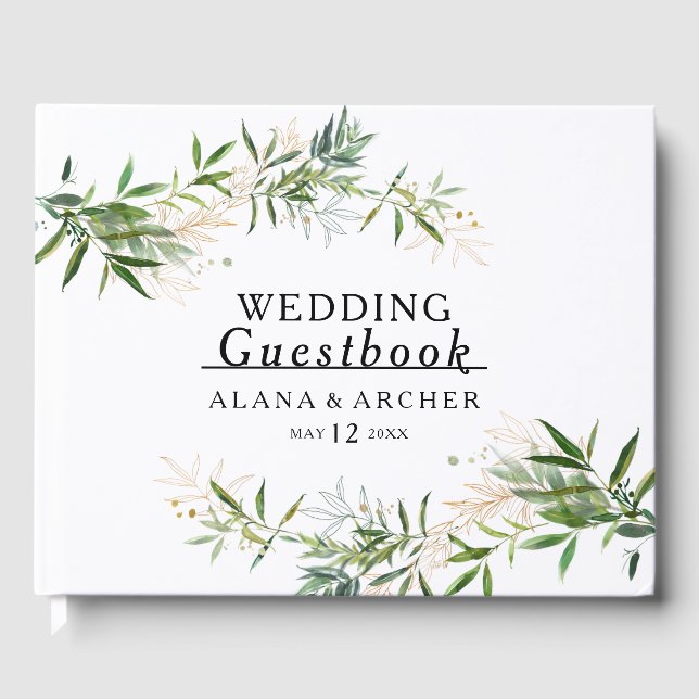 D'or Elégant Olive Greenery Livre d'invité Mariage (Recto)