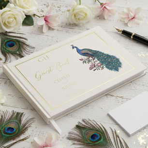 D'or Elegant Peacock Photo Mariage Livre d'invité