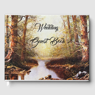 D'or Forest Stream Mountains Mariage Livre d'invité