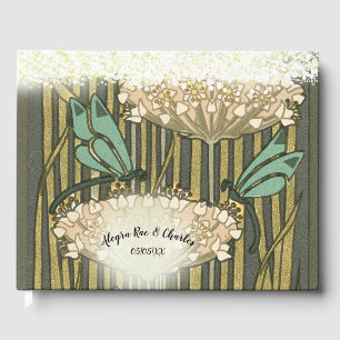 D'or Lilypad Dragonfly Art Déco Mariage livre d'hôtes