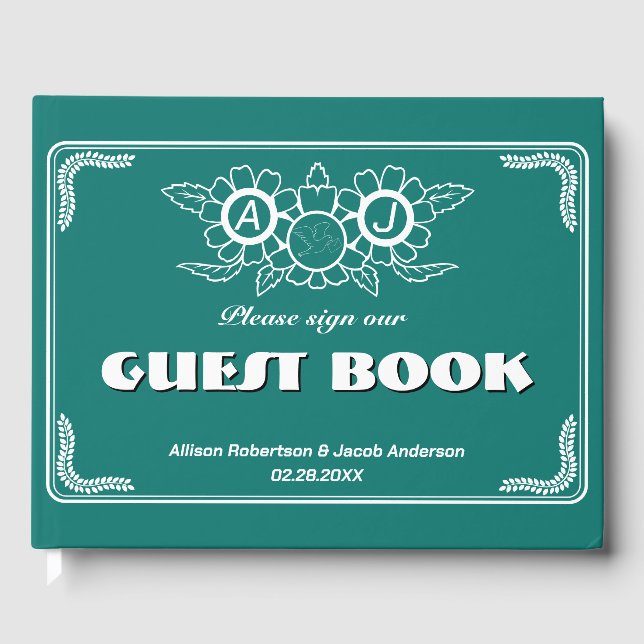 D'or Livre d'hôtes Bluish Green & White Mariage (Recto)