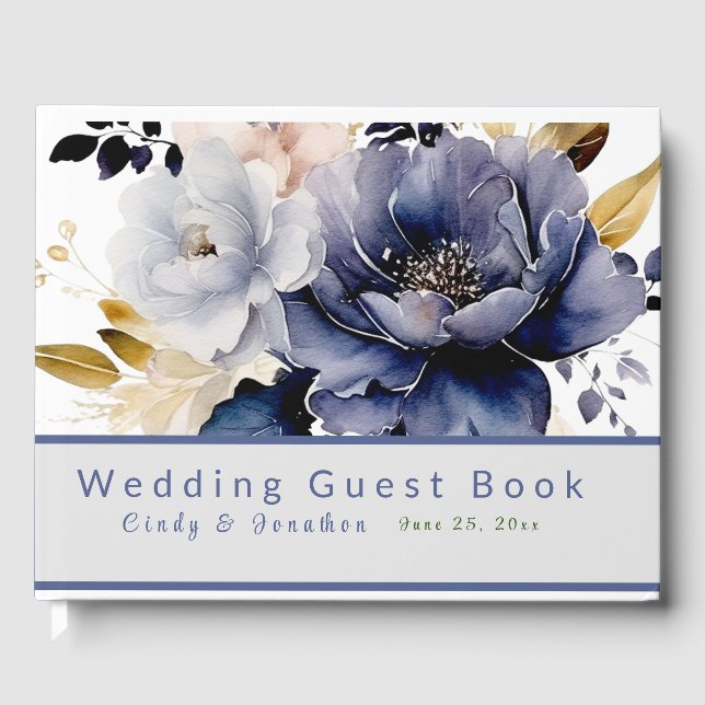 D'or Livre d'hôtes Mariage des fleurs d'aquarelle bleu  (Recto)