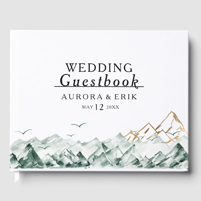 D'or Livre d'hôtes Mariage Green and Gold Mountain Rang (Recto)
