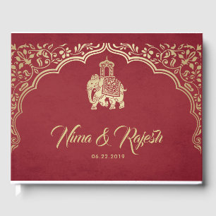 D'or Livre d'hôtes Mariage indien avec Ganesha, Rouge, 