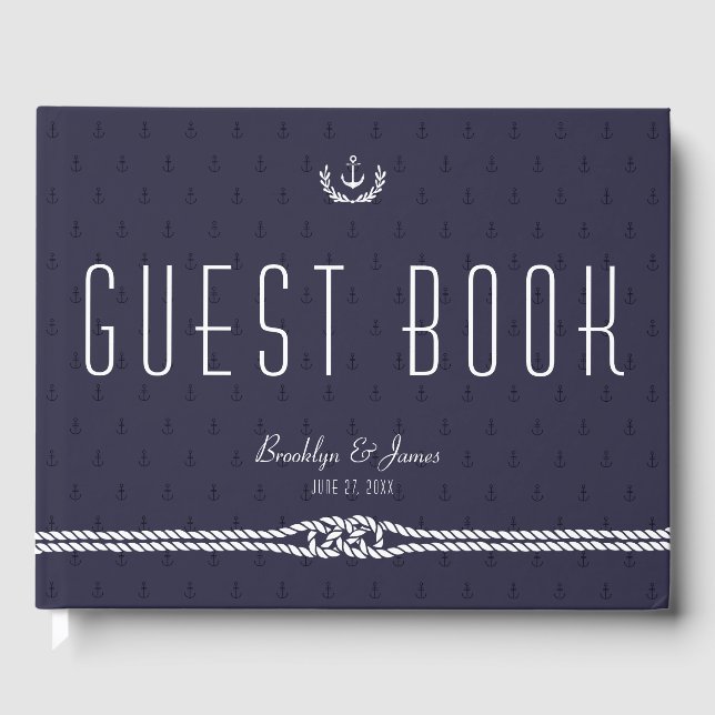 D'or Livre D'Hôtes Mariage Nautique Avec Ancres Bleues (Recto)