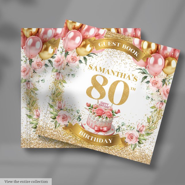 D'or Livre d'hôtes personnalisé 80e anniversaire Boho F (Personalized 80th Birthday Guest Book Boho Flowers)