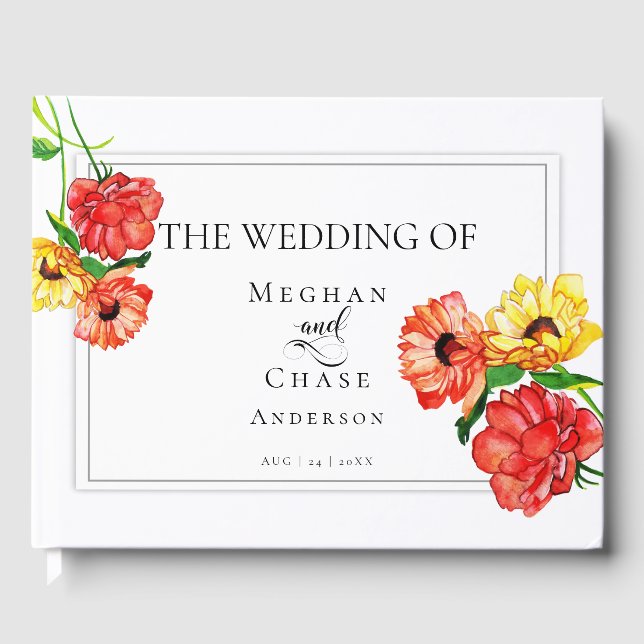 D'or Livre d'invité mariage | Aquarelle Floral Rouge Ja (Recto)
