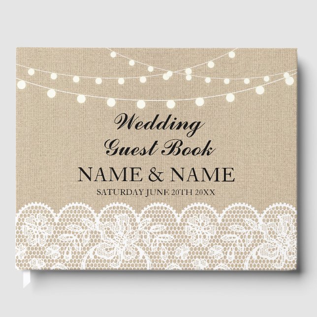 D'or Livre d'invité mariage Burlap Lace Lumières rustiq (Recto)