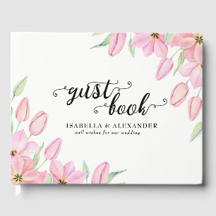 D'or Livre d'invité Mariage des tulipes d'aquarelle ros