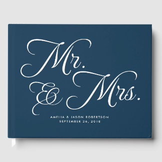 D'or Livre d'invité mariage, Mr & Mrs, Marine et blanc