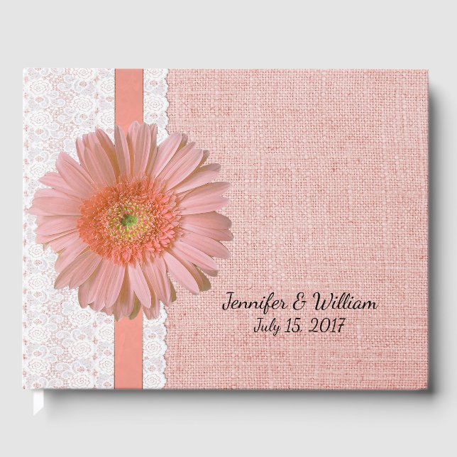 D'or Livre d'invité Mariage Peach Gerber Daisy (Recto)