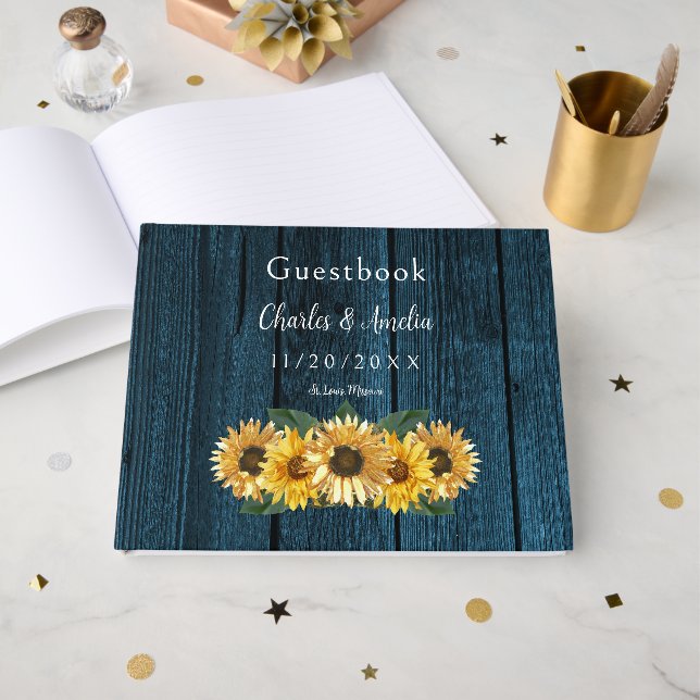 D'or Livre d'invité Rustic Blue Sunflower Mariage (Recto ouvert)