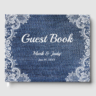 D'or Livre D'Invités Blue Jean Denim Et Lace Mariage