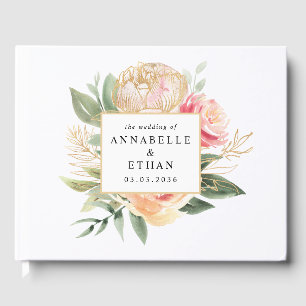 D'or Peony and Gold Flowers Mariage livre d'hôtes