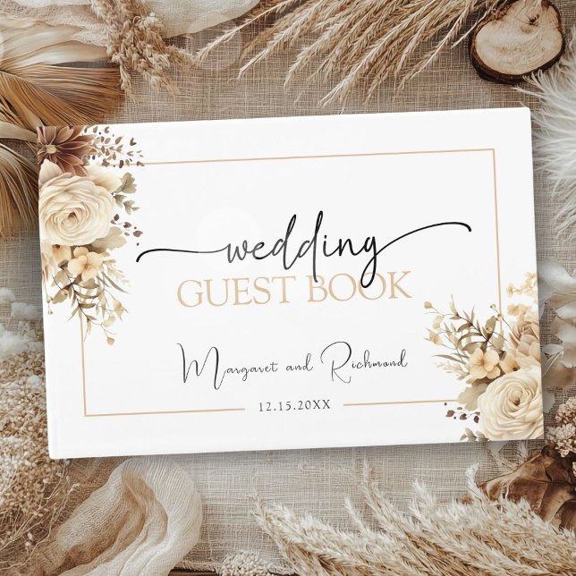 D'or Rustique Boho Neutre Floral Mariage Livre d'invité (Créateur téléchargé)