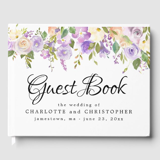 D'or Rustique violet Mariage Floral Livre d'invité (Recto)