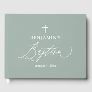 D'or Sage Green White Cross Boy Baptism Livre d'invité