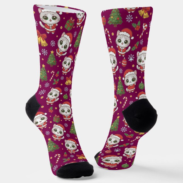 dorable Kitten And Christmas Icons Pattern Holiday Socken (Gewinkelt)