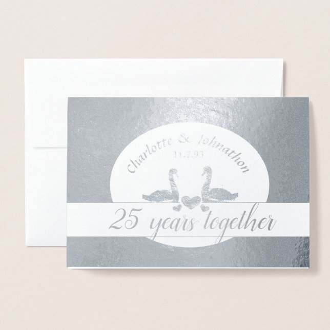 Dorée Carte anniversaire du couple de cygne argent 25e m (Devant avec enveloppe)