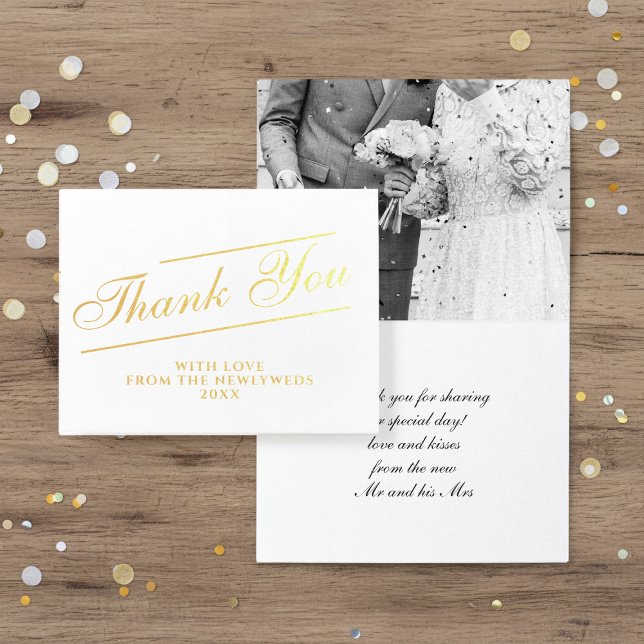 Dorée Carte photo Mariage de Merci de script classique (Add your photo and short thank you message to these real foil thank you cards)
