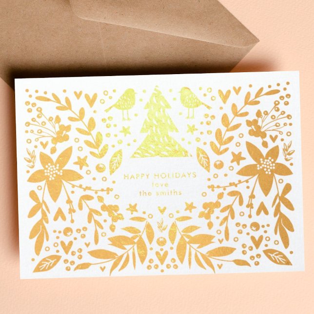 Dorée Gold Foil Joli Oiseaux et Fleurs Carte de Noël (Créateur téléchargé)