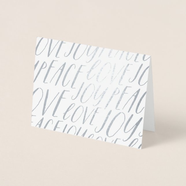 Dorée Peace Love Joy Silver Foil Carte de voeux de Noël (Devant)