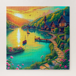 Dorf am See bei Sonnenuntergang