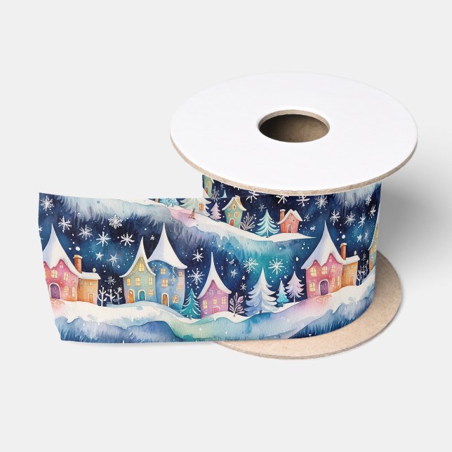 Dorf in einem Schneesturm Satinband (Spule)