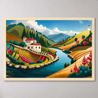 Dorfmalerei mit Rocky River und Lush Fields Poster